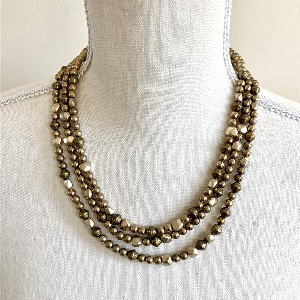 Chico’s Organic Style 3 Strand Brass Beaded Necklace Adjustable